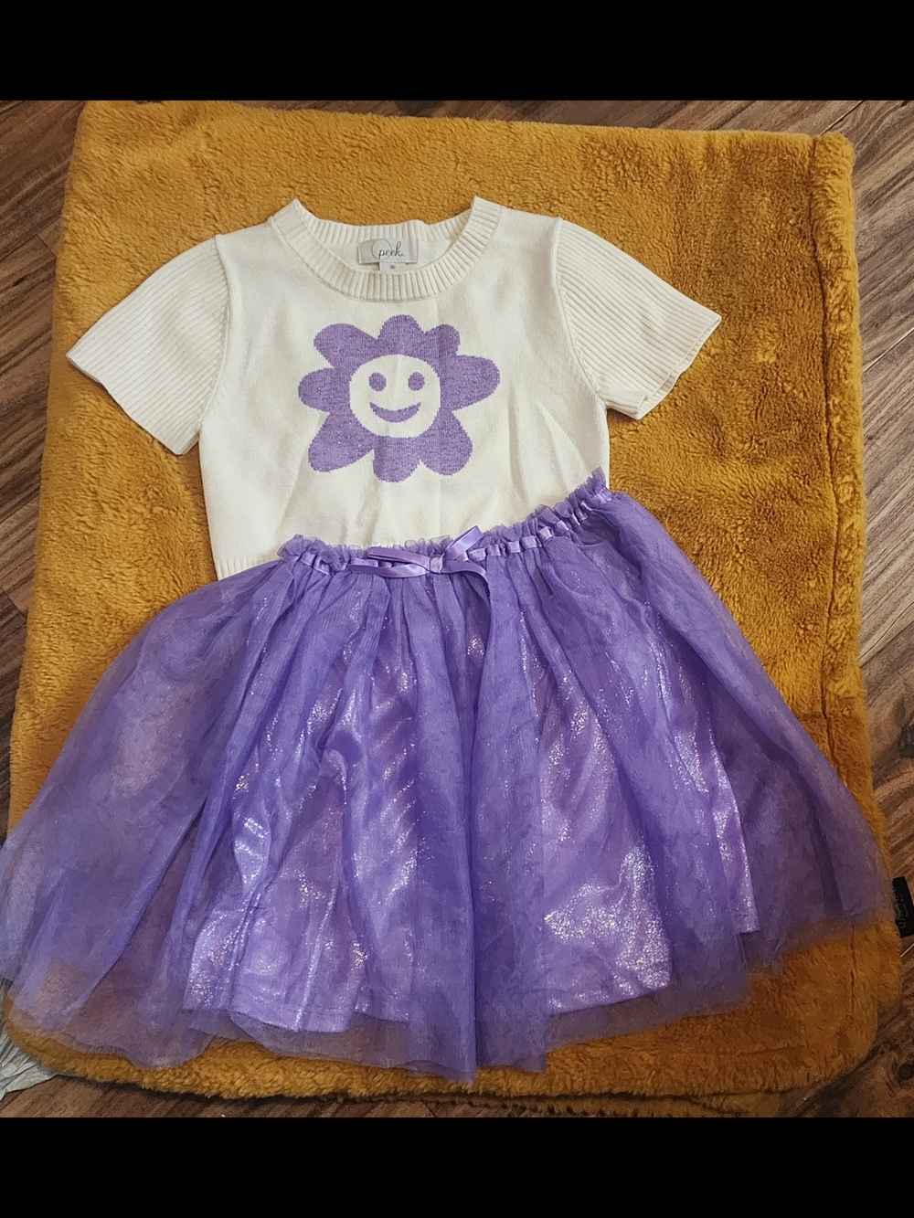 Nwot Peek Aren"t You Curious Smiley Flower Knit Top with Purple Tulle Skirt Set